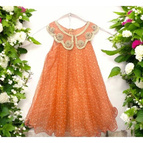 Bonnie Jean Orange Polka Dot Twirl Collar Fancy Easter Party Dress Girls Size 4 - Picture 3 of 12